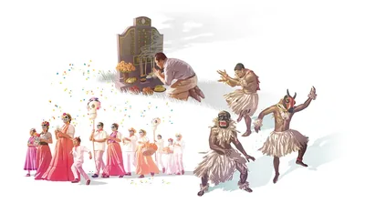 Collage: Customs related to honoring the dead. 1. A man kneels and prays in front of a gravestone with food offerings. 2. Three tribal men dance in costume. 3. A parade of people wear skull masks and carry large skeleton figures on the Day of the Dead.