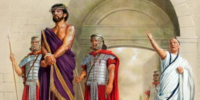 Jesus stands wearing a purple outer garment and a crown of thorns as Pilate seeks his release