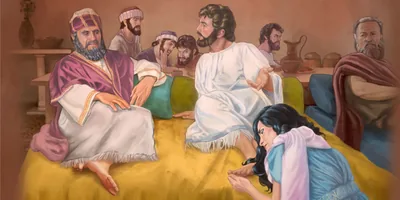 As Jesus reclines with the other guests at the table, a woman kneels at his feet