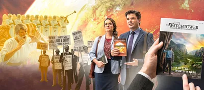 An angel announcing good news to people on earth while one of seven other angels blows his trumpet. Collage: 1. Brothers hold signs and wear placards. Some of the signs read: “Religion Is a Snare and a Racket” and “Serve God and Christ the King.” 2. A couple offer the February 1, 2012, issue of “The Watchtower” about Armageddon. 3. A man holds a copy of “The Watchtower” No. 2 2021, entitled “A Better World Is Near.”