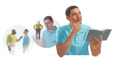 Collage: A brother choosing to overlook an offense. 1. He is yelled at by another brother. 2. He thinks about what the other brother just did. 3. He reads the Bible and meditates.