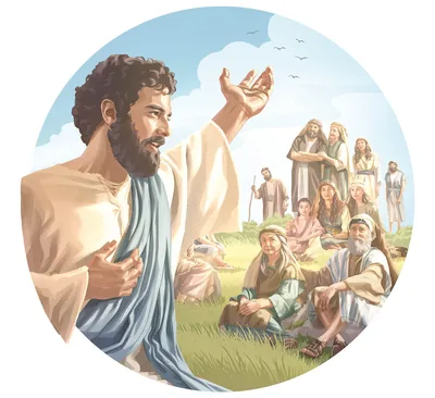 Jesus giving his Sermon on the Mount to a crowd of men, women, and children.