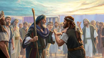 Moses, Joshua, and a group of Israelites are standing near the tent of meeting. Joshua is asking Moses to restrain two men who are behaving like prophets.