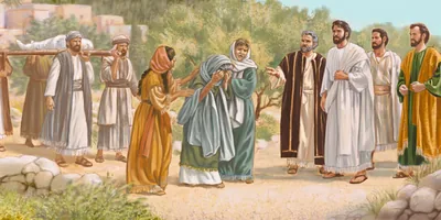 Jesus and his apostles encounter a funeral procession for the son of a widow