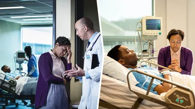 Collage: 1. A sister at a hospital listens anxiously as a doctor describes her husband’s health condition. 2. Later that day, she prays silently at her husband’s bedside.