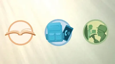 A scene from the video “Are You Prepared for a Disaster?” Insets show a Bible, a go bag and a smartphone, and construction workers.