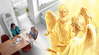 Collage: 1. The sister conducting a Bible study with the woman she witnessed informally to at the café. 2. Angels smiling as they observe the Bible study.