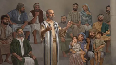 Paul speaking with conviction in a synagogue as people listen intently. Nearby, Barnabas joyfully observes Paul teach.