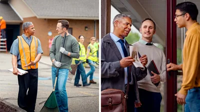 Collage: 1. A brother is offended by the way another brother speaks to him while they do outdoor maintenance work at a Kingdom Hall. 2. Later, the brother who was offended enjoys working with the other brother in the house-to-house ministry.