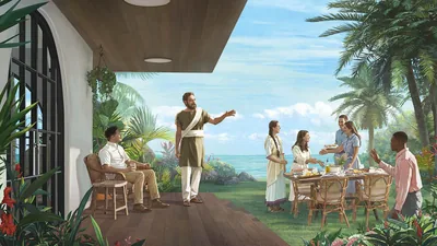 The prophet Daniel and a group of friends enjoying a meal together in Paradise.