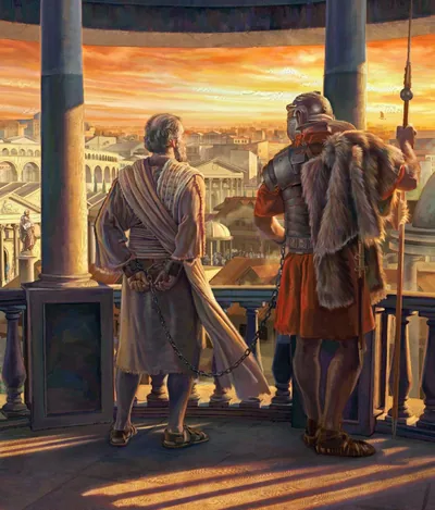Paul looking out from a balcony at the city of Rome, while chained to a soldier.