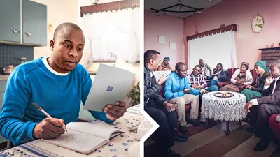 Collage: 1. A brother takes notes as he does research using the Bible and the book “Scriptures for Christian Living.” 2. The same brother explains his beliefs to his non-Witness family members. Some family members listen intently while others express frustration with what the brother is saying.