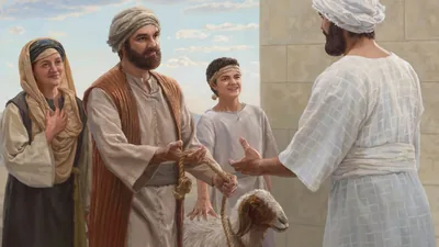 An Israelite family happily giving a sheep to a priest at the temple.