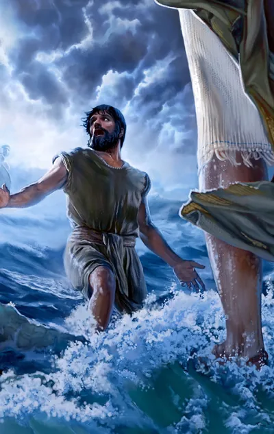 Peter, walking on water toward Jesus, gets distracted with fear and doubt and starts to sink