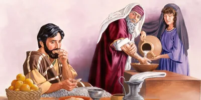 A Pharisee ritually washes his hands and looks critically at a man who has already started eating