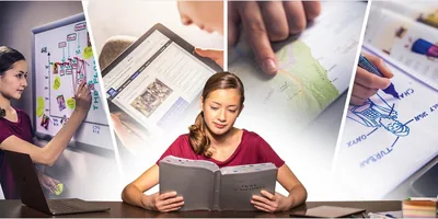 Collage: A young sister reading and studying the Bible. 1. She makes a time line of Bible characters on a whiteboard. 2. She reads the study edition of the “New World Translation” on jw.org. 3. She consults a map of Bible lands. 4. She draws a picture of a high priest and labels his garments.