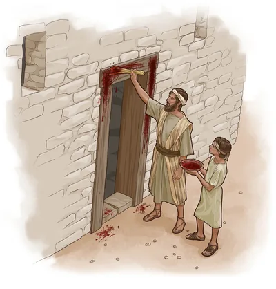 An Israelite father and his son splashing the doorframe of their home with blood.