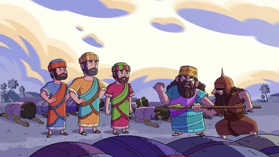 A scene from the video: “Learn From Jehovah’s Friends​—Hananiah, Mishael, and Azariah.” Hananiah, Mishael, and Azariah, refuse to bow down to King Nebuchadnezzar’s statue. Nebuchadnezzar angrily commands a soldier to seize them.