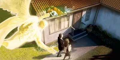 An angel flies above two of Jehovah’s Witnesses as they approach a house where a man is praying