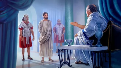 Pontius Pilate questioning Jesus, who is guarded by two Roman soldiers.