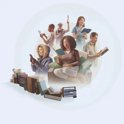 People of different nationalities reading the Bible. A number of Bibles in printed and digital formats are shown in the foreground.