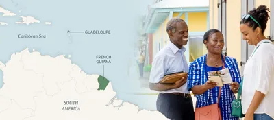 Collage: 1. A map showing the Caribbean Sea, Guadeloupe, and the South American country of French Guiana. 2. Jack and Marie-Line talking to a woman in the field ministry.