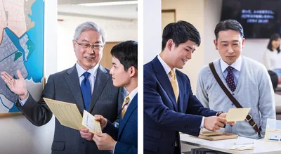 Collage: 1. An elder trains a young brother to handle the congregation’s preaching territory. The elder shows him a map of the congregation’s territory, a territory assignment record, and an individual territory map. 2. The young brother explains to another brother how to use a territory map.
