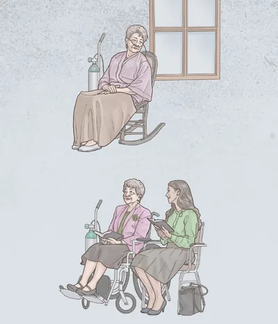 A sister, on oxygen, sits alone, but later attends a meeting with a younger sister