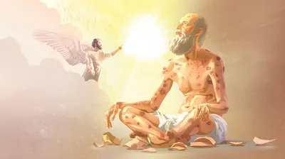 Satan in heaven, accusing Job before Jehovah. Job sits on the ground with boils all over his body.