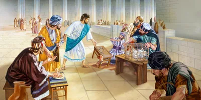 Jesus overturns the table of a money changer