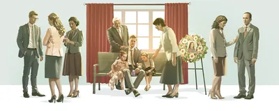 A man and his two young children sitting on a bench at the funeral of his wife and the children’s mother. Friends and family gather around to comfort and support them.