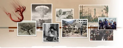 Collage: Events taking place on earth since 1914. 1. Satan as a seven-headed dragon is hurled down to earth. 2. Armed soldiers lying in wait on the edge of a trench during war. 3. A mushroom cloud from a bomb. 4. A homeless mother sits on the street as she holds her crying child. 5. A soldier aims an assault rifle. 6. A man walks through the rubble of a destroyed town. 7. An industrial factory pumps out polluted air. 8. People wear face masks as they walk through a city. 9. Protesters fight with a group of policemen.