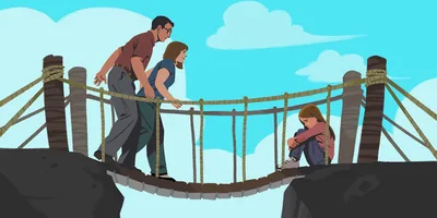 Parents walk across a bridge to meet their daughter