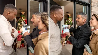 Scenes contrasting how a couple witness to a man on his doorstep while his family decorates a Christmas tree inside. 1. The couple show the man the article “What Does the Bible Say About Christmas?” found on jw.org. The man’s arms are crossed as he listens with a stern look on his face. 2. The couple show the man the article “How to Be a Good Dad” found on jw.org. The man smiles as he listens.