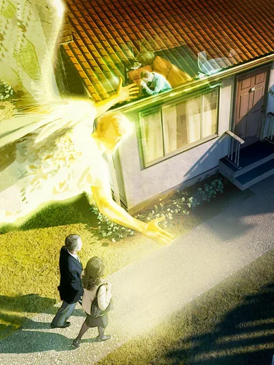 An angel guiding a couple to a house in the field ministry. A man inside the house is praying.