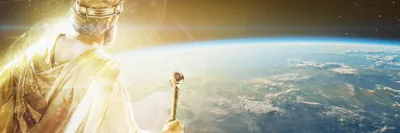 Jesus as a heavenly King looking at planet Earth.