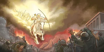 Jesus and his heavenly army riding on white horses to destroy God’s enemies on earth.