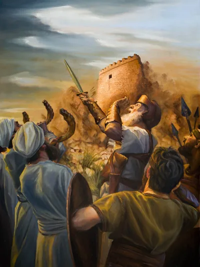 The walls of Jericho falling as Joshua commands the Israelites to shout and the priests to blow their horns. A section of the wall with a scarlet cord hanging from the window is still standing.