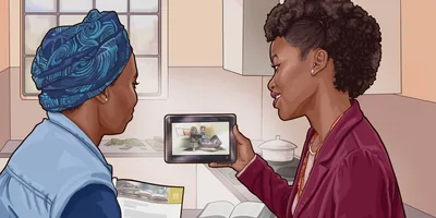 A sister showing a woman the video “Why Study the Bible?​—Full Length” on an electronic device.