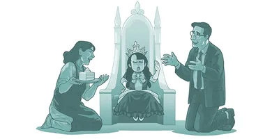 A little girl sits like a princess with her parents bowing down to her