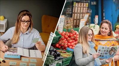 Collage: 1. A sister using flash cards and a book to learn Hindi. 2. The sister witnessing to an Indian woman at a market, using the ‘Good News’ brochure.