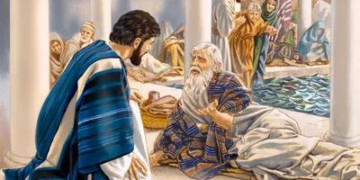 Jesus talks to a sick man by the pool of Bethzatha