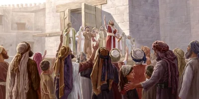 Ezra holding a scroll and praising Jehovah before the people.