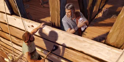 Noah and one of his sons building the ark; his son stands on scaffolding and covers the ark with tar.