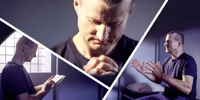 Scenes from the video “We Can Rejoice Despite Persecution.” Collage: Konstantin Bazhenov in prison. 1. He reads the Bible. 2. He prays. 3. He sings Kingdom songs aloud.