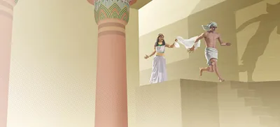 Joseph fleeing from Potiphar’s wife. She holds Joseph’s garment in her hand.