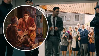 Collage: 1. Onesiphorus visits the apostle Paul in prison. 2. Fellow Witnesses applaud as they watch a brother in handcuffs being taken to prison.