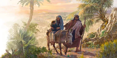 Mary and little Jesus ride a donkey and Joseph walks beside them