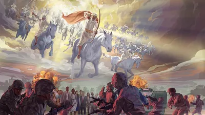 Jesus and his heavenly army ride on white horses into the battle of Armageddon to destroy God’s enemies, and a great crowd of people survive