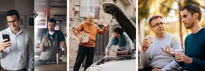 Collage: 1. An elder texting an inactive brother. The inactive brother reads the elder’s text message while on a break at work. 2. A different elder bringing the inactive brother a gift, a box of fruit. The inactive brother is working on his car. 3. Another elder listening to the inactive brother as they sit outdoors and enjoy a cup of coffee.